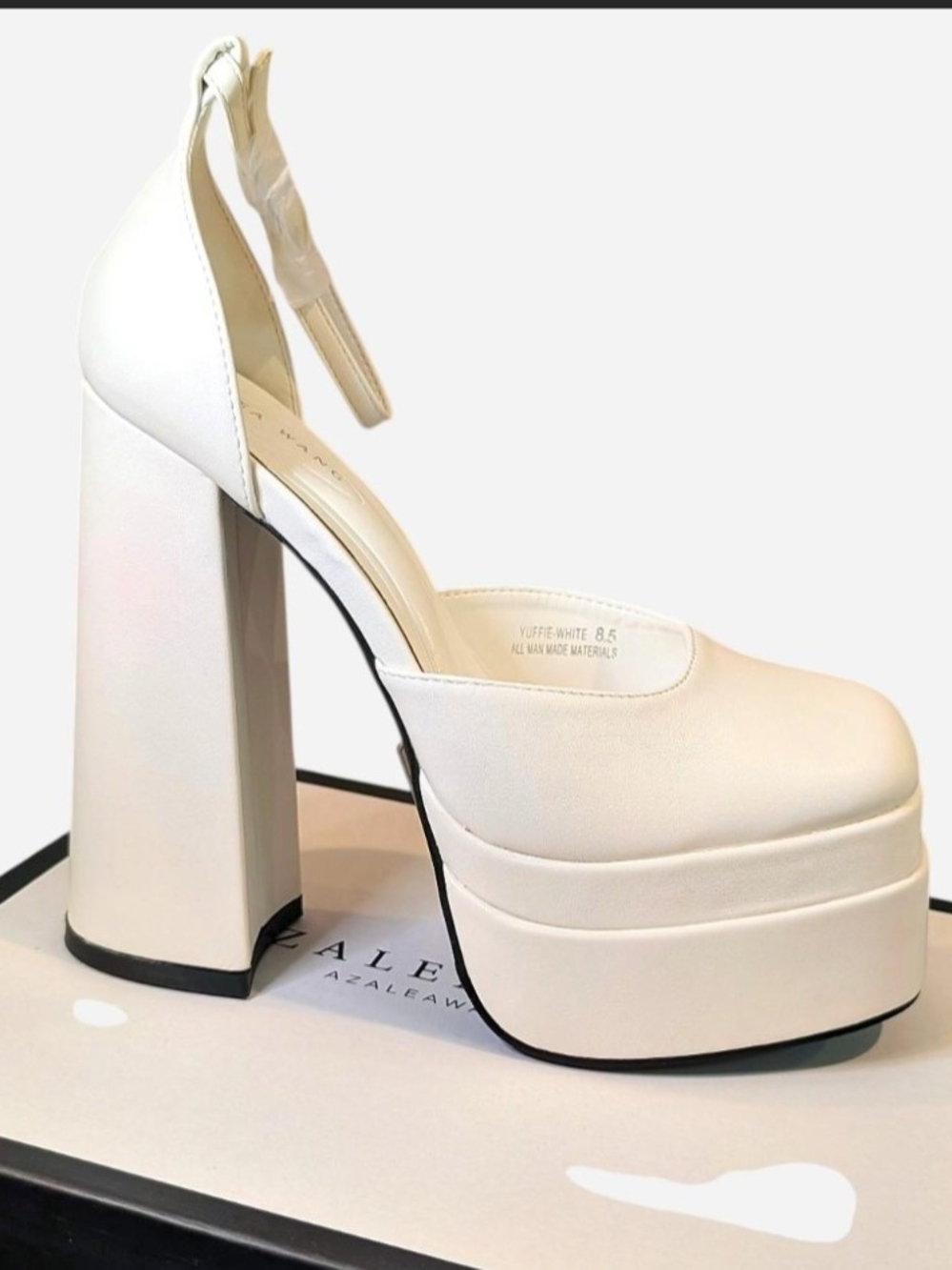 Azalea Wang Yuffie White Platform Sandal — Women’s Chunky Ankle-Strap Heel - Picture 3 of 6